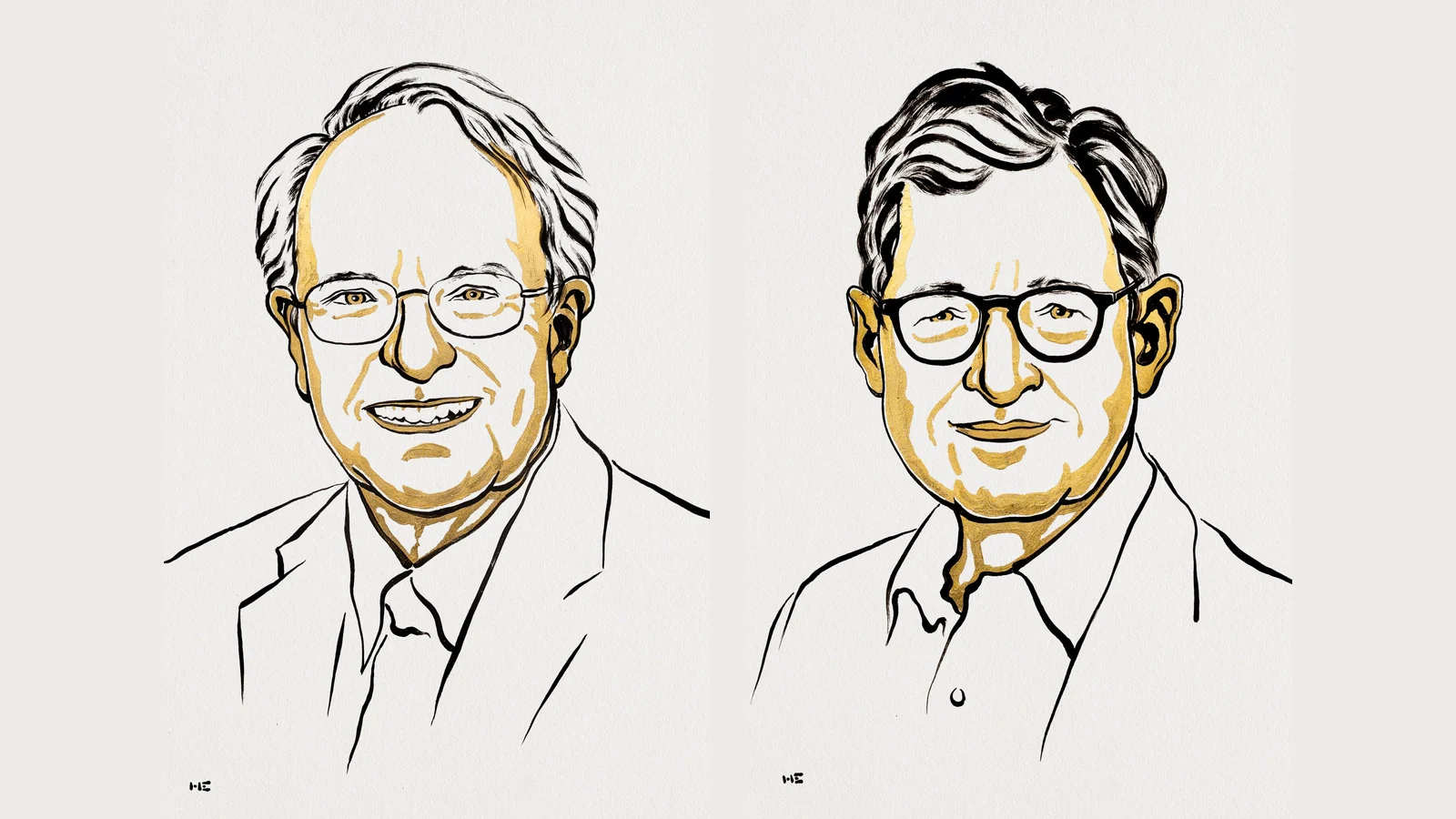 2026 年諾貝爾經濟學獎得主 Robert E. Hall 與 Michael Woodford 的官方肖像插畫，本文談他們的研究對品牌預期管理與品牌策略的啟示